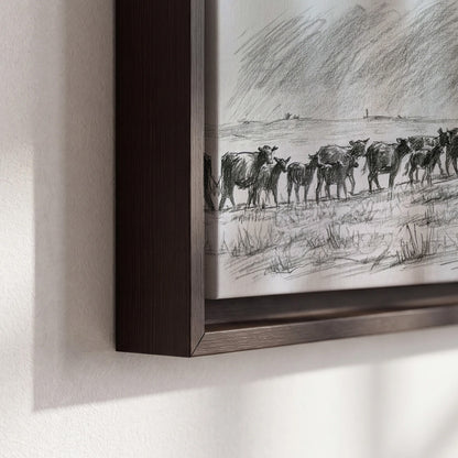 A rider on horseback guiding a herd of cattle across an open plain in charcoal-style strokes 3 piece framed canvas wall art material and edge close up