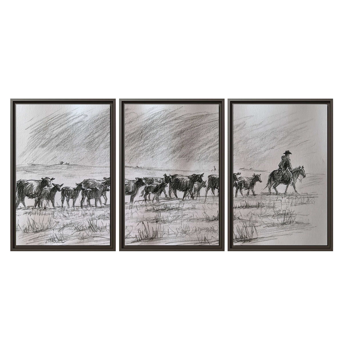 A rider on horseback guiding a herd of cattle across an open plain in charcoal-style strokes 3 piece framed canvas wall art viewed straight on