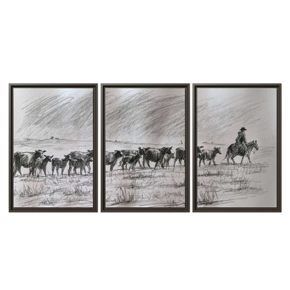 A rider on horseback guiding a herd of cattle across an open plain in charcoal-style strokes 3 piece framed canvas wall art viewed straight on
