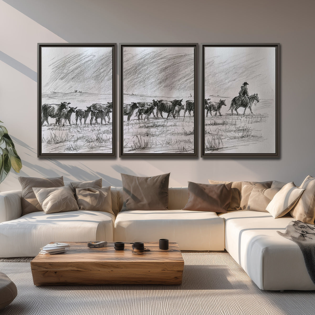A rider on horseback guiding a herd of cattle across an open plain in charcoal-style strokes 3 piece framed canvas wall art displayed in a living room