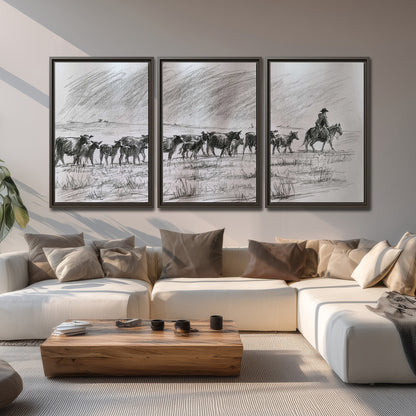 A rider on horseback guiding a herd of cattle across an open plain in charcoal-style strokes 3 piece framed canvas wall art displayed in a living room