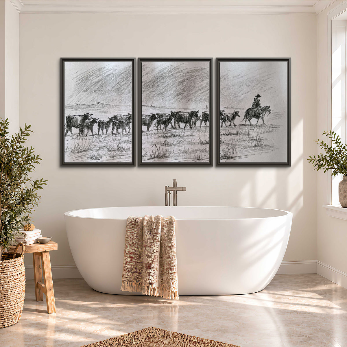 A rider on horseback guiding a herd of cattle across an open plain in charcoal-style strokes 3 piece framed canvas wall art styled in an interior