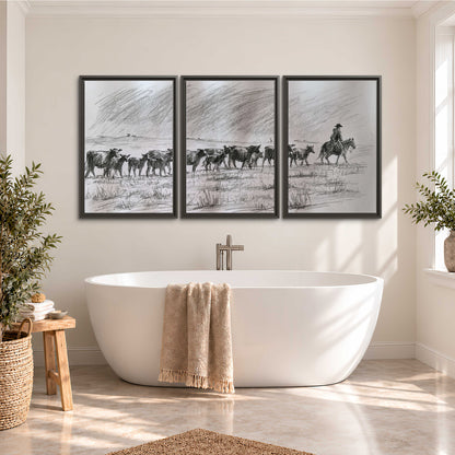 A rider on horseback guiding a herd of cattle across an open plain in charcoal-style strokes 3 piece framed canvas wall art styled in an interior
