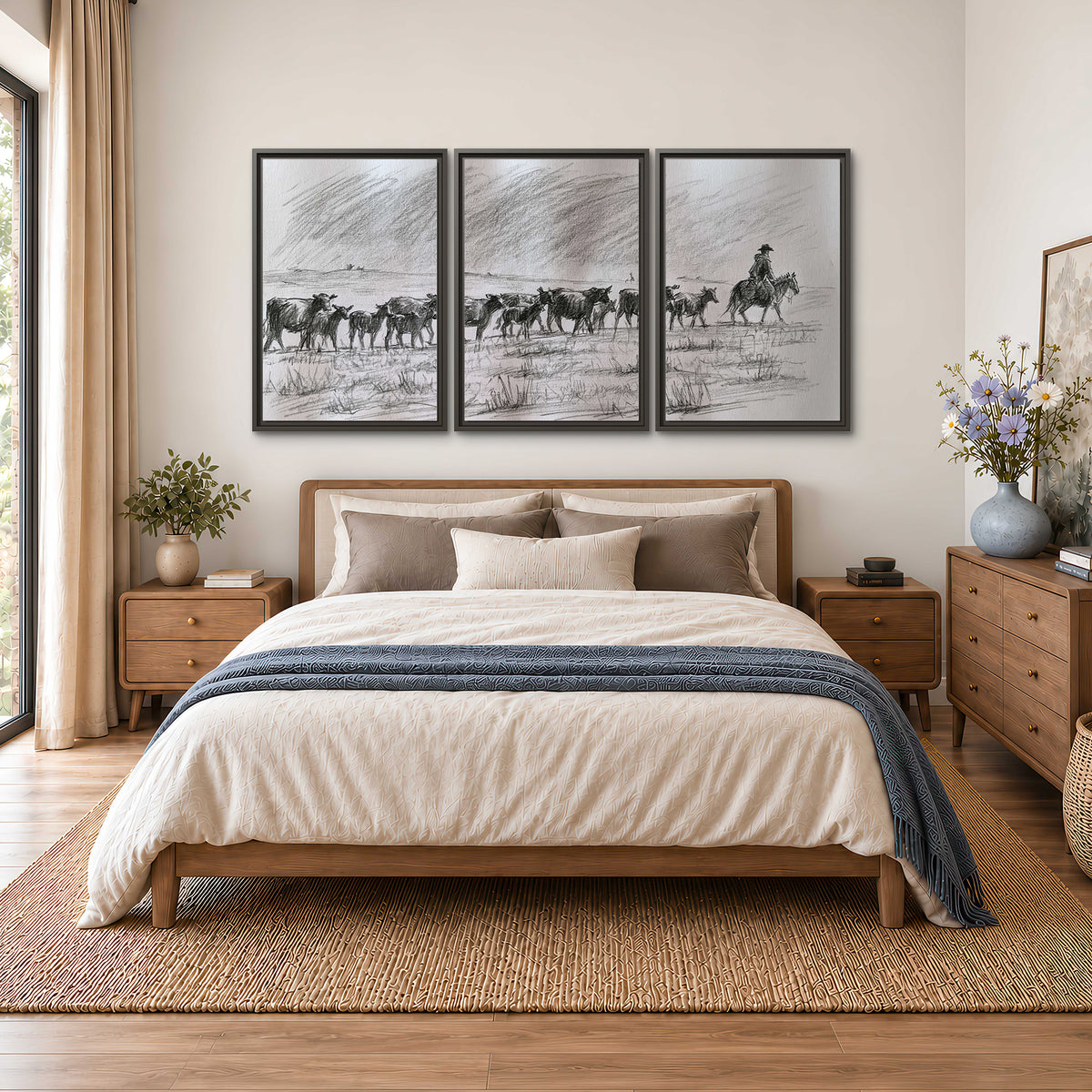 A rider on horseback guiding a herd of cattle across an open plain in charcoal-style strokes 3 piece framed canvas wall art styled in an interior