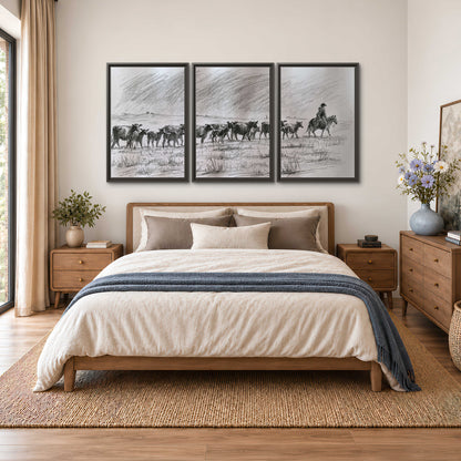 A rider on horseback guiding a herd of cattle across an open plain in charcoal-style strokes 3 piece framed canvas wall art styled in an interior