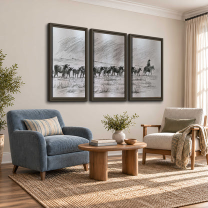 A rider on horseback guiding a herd of cattle across an open plain in charcoal-style strokes 3 piece framed canvas wall art styled in an interior