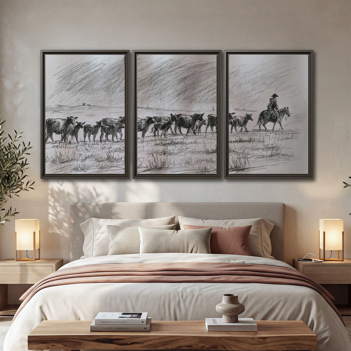 A rider on horseback guiding a herd of cattle across an open plain in charcoal-style strokes 3 piece framed canvas wall art displayed in a bedroom