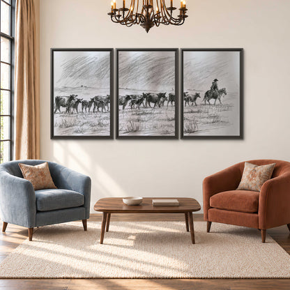 A rider on horseback guiding a herd of cattle across an open plain in charcoal-style strokes 3 piece framed canvas wall art styled in an interior