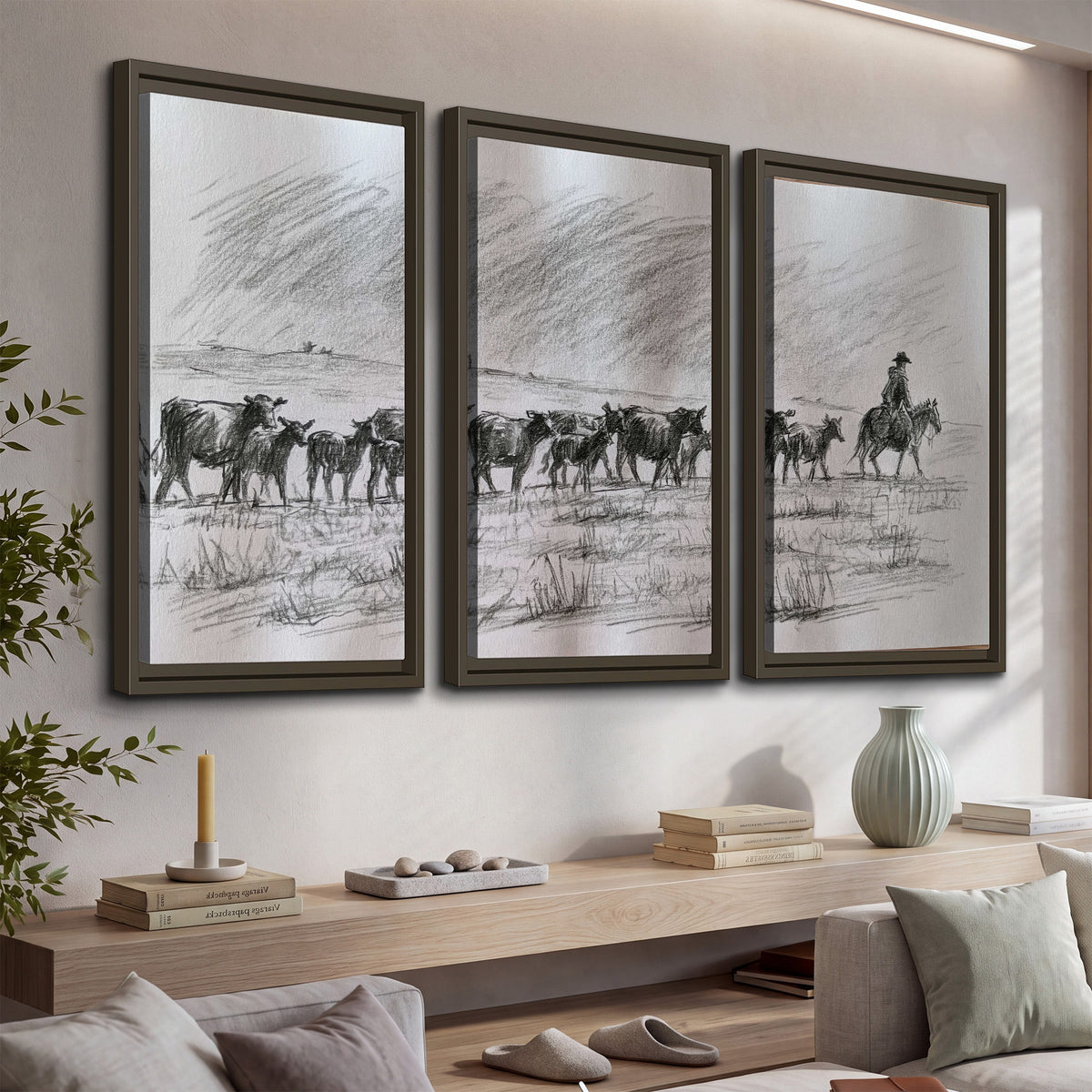 A rider on horseback guiding a herd of cattle across an open plain in charcoal-style strokes 3 piece framed canvas wall art displayed in a console