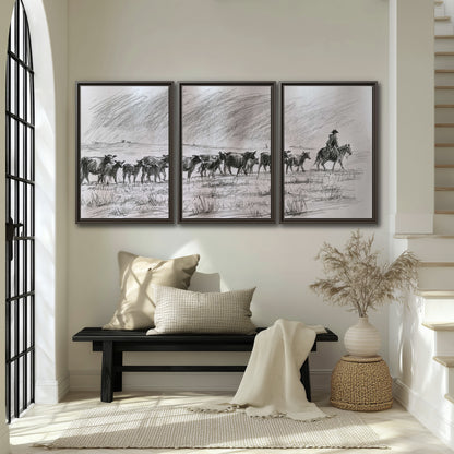 A rider on horseback guiding a herd of cattle across an open plain in charcoal-style strokes 3 piece framed canvas wall art displayed in a entryway