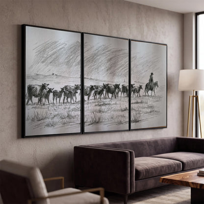 A rider on horseback guiding a herd of cattle across an open plain in charcoal-style strokes 3 piece framed canvas wall art displayed in a modern living room