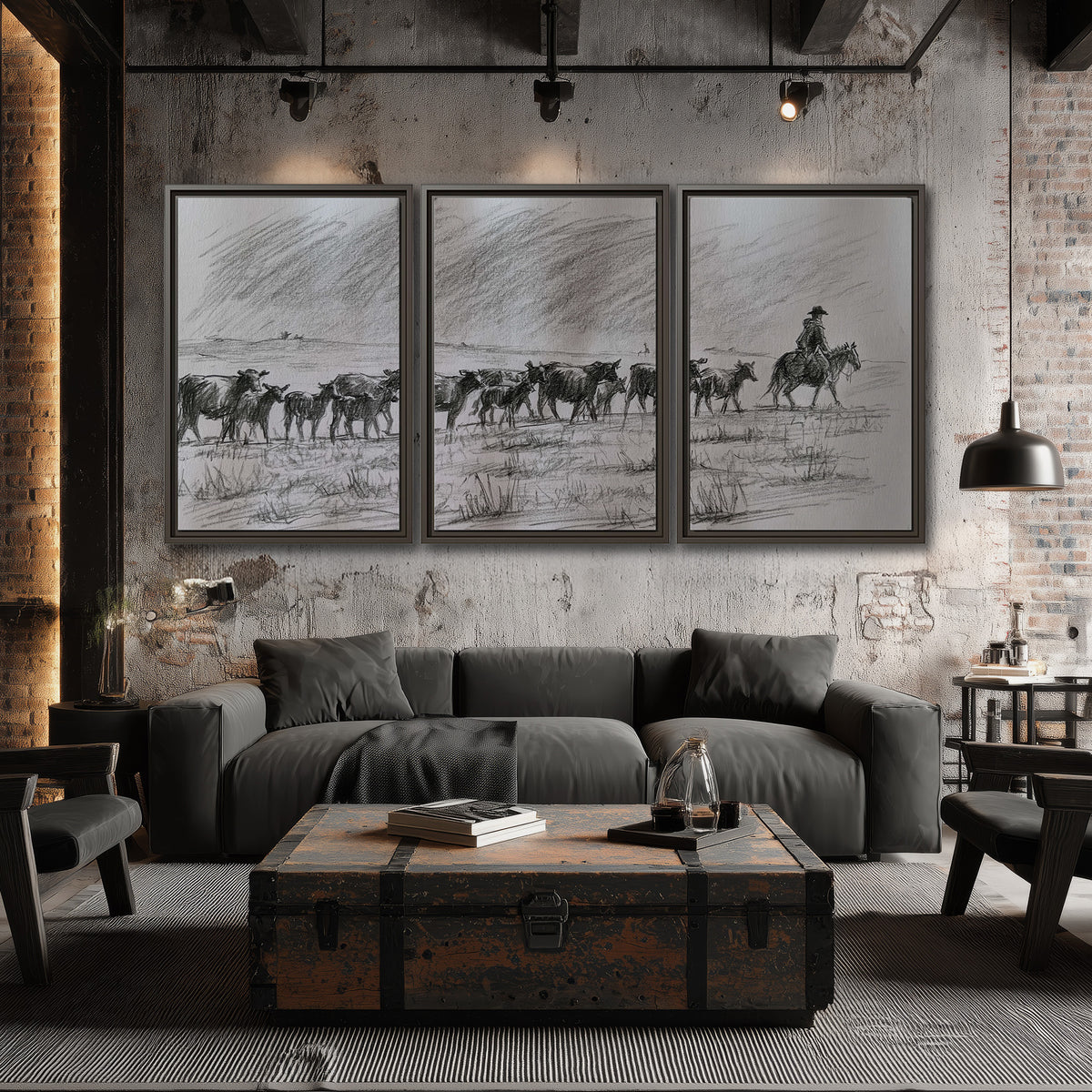 A rider on horseback guiding a herd of cattle across an open plain in charcoal-style strokes 3 piece framed canvas wall art displayed in a industrial room
