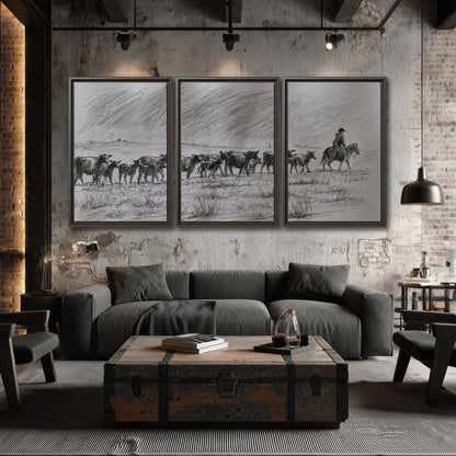 A rider on horseback guiding a herd of cattle across an open plain in charcoal-style strokes 3 piece framed canvas wall art displayed in a industrial room