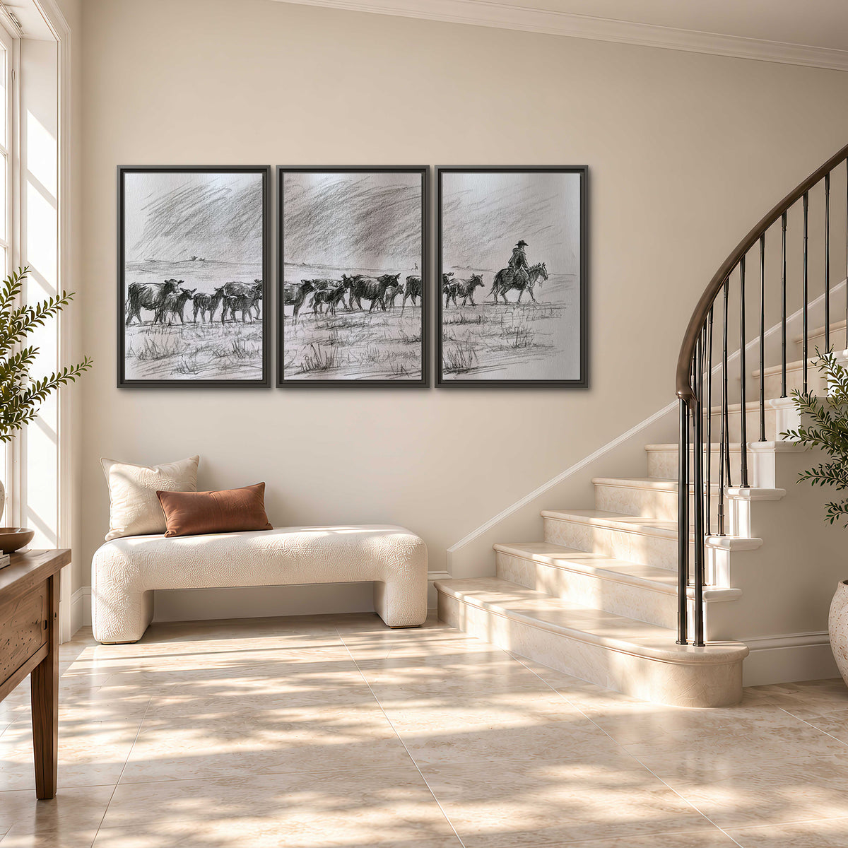 A rider on horseback guiding a herd of cattle across an open plain in charcoal-style strokes 3 piece framed canvas wall art styled in an interior