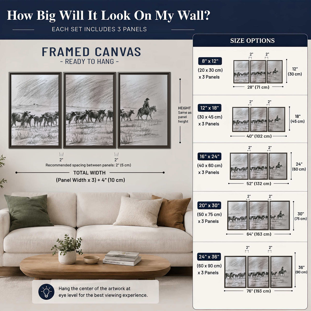 A rider on horseback guiding a herd of cattle across an open plain in charcoal-style strokes 3 piece framed canvas wall art size guide above a sofa; room view is illustrative