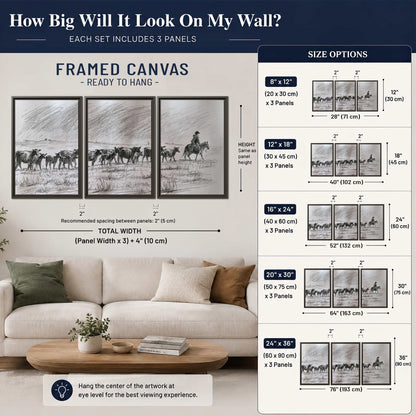 A rider on horseback guiding a herd of cattle across an open plain in charcoal-style strokes 3 piece framed canvas wall art size guide above a sofa; room view is illustrative