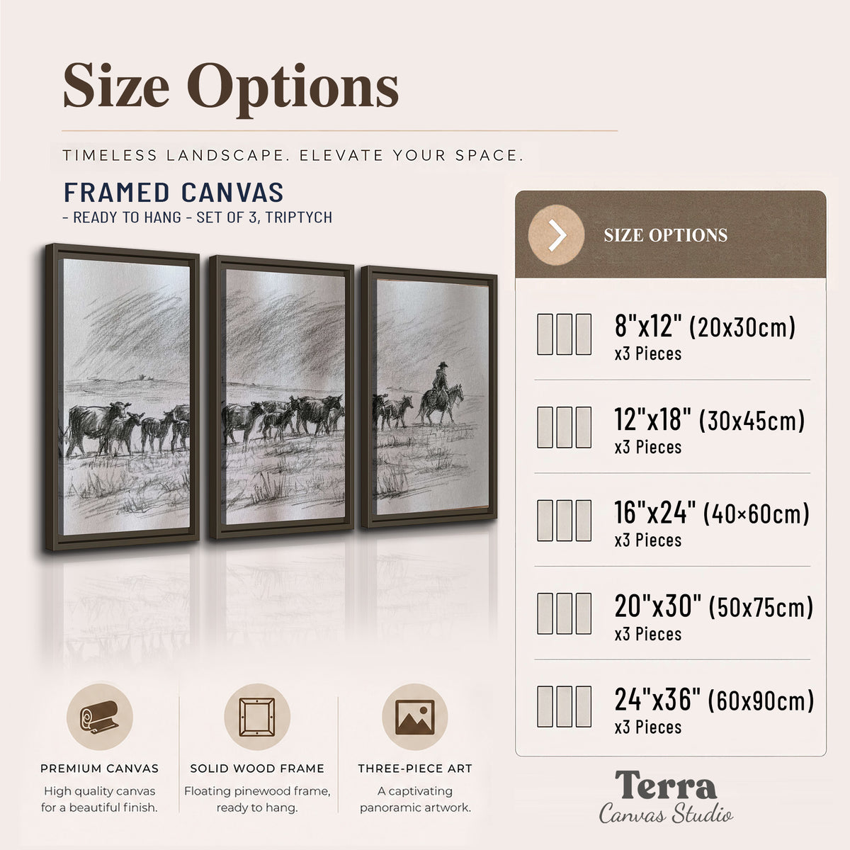 A rider on horseback guiding a herd of cattle across an open plain in charcoal-style strokes 3 piece framed canvas wall art available dimensions; triptych dimensions are per panel