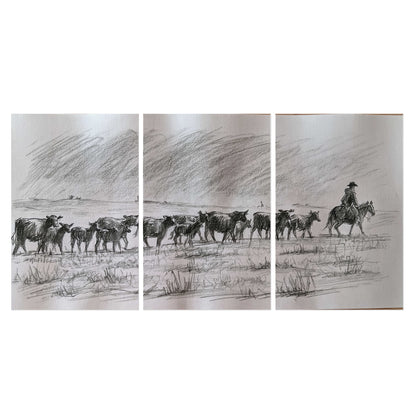 A rider on horseback guiding a herd of cattle across an open plain in charcoal-style strokes set of 3 poster prints viewed straight on