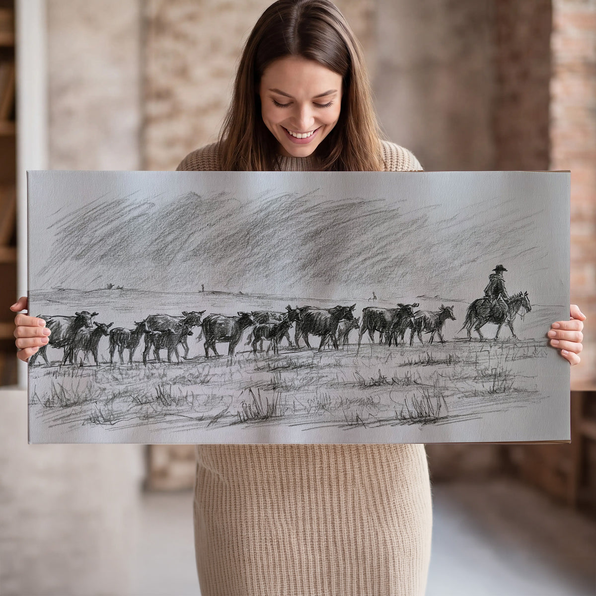 A rider on horseback guiding a herd of cattle across an open plain in charcoal-style strokes single canvas wall art held in hands