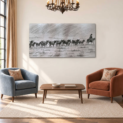 A rider on horseback guiding a herd of cattle across an open plain in charcoal-style strokes single canvas wall art styled in an interior