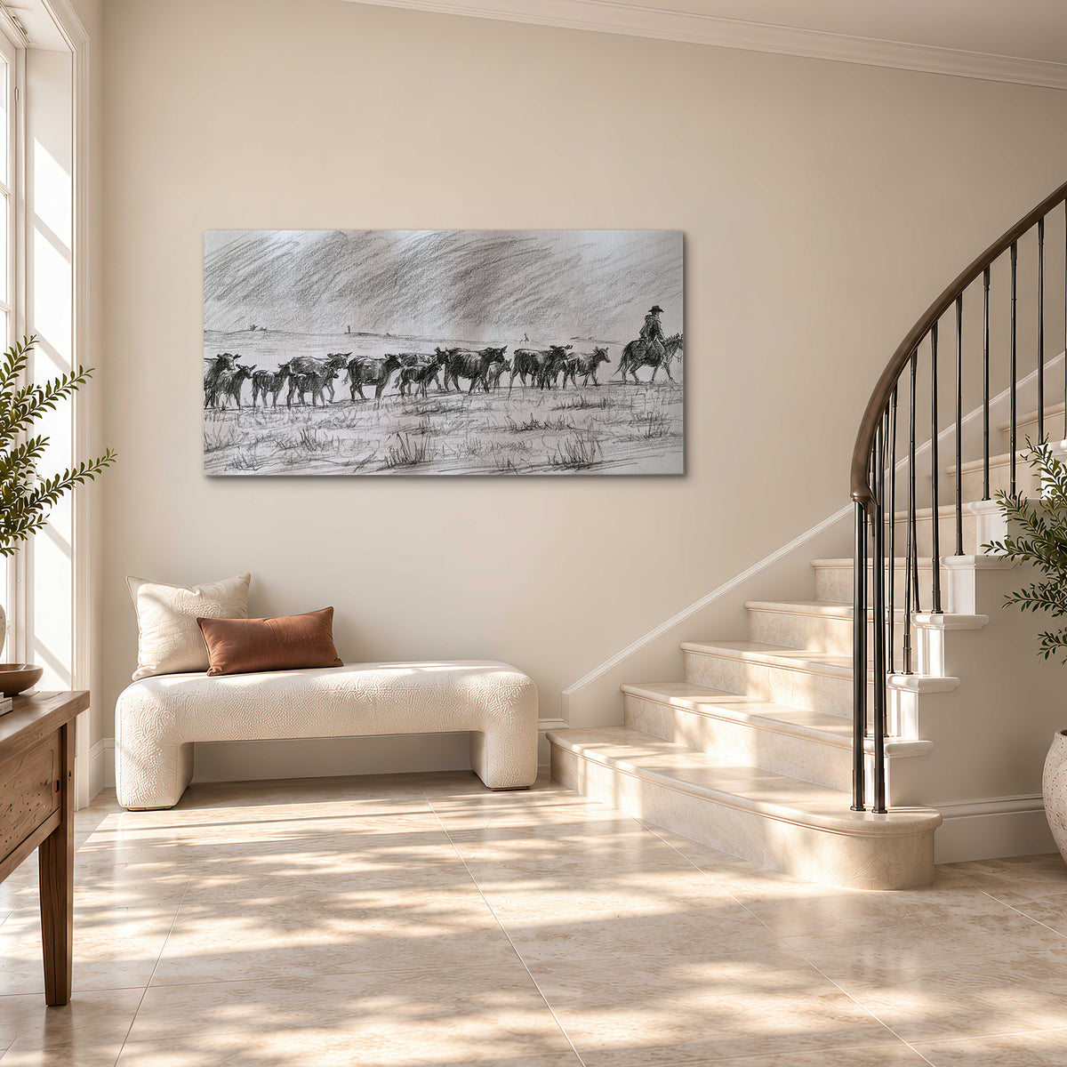A rider on horseback guiding a herd of cattle across an open plain in charcoal-style strokes single canvas wall art styled in an interior