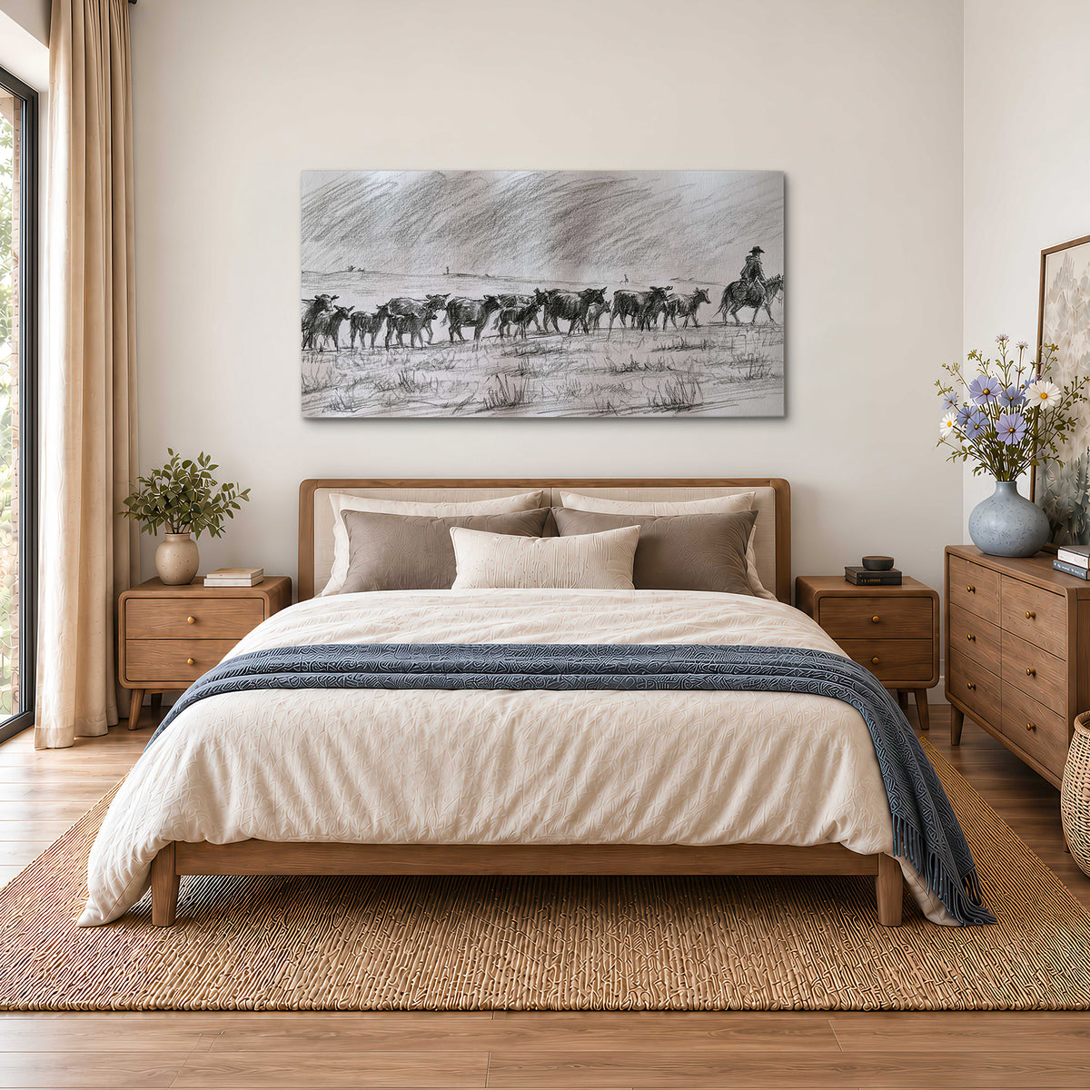 A rider on horseback guiding a herd of cattle across an open plain in charcoal-style strokes single canvas wall art styled in an interior