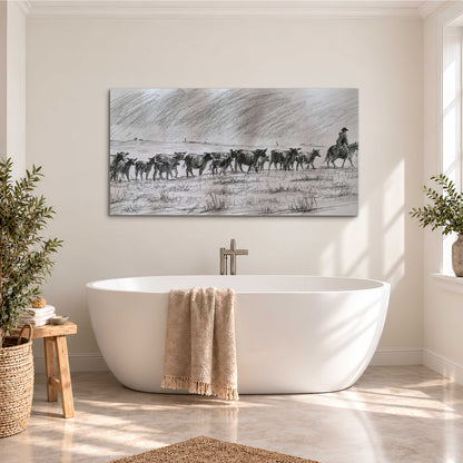 A rider on horseback guiding a herd of cattle across an open plain in charcoal-style strokes single canvas wall art styled in an interior