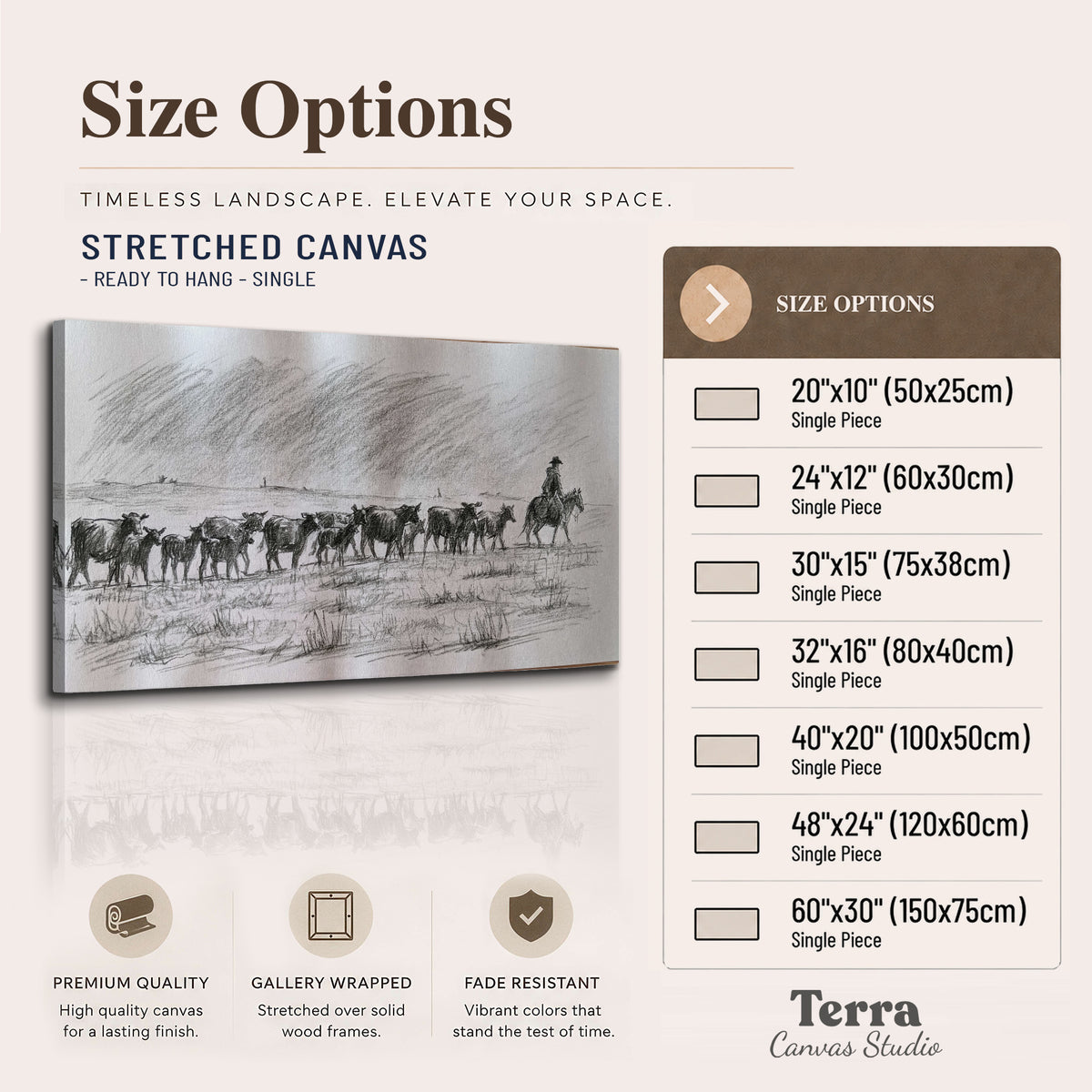 A rider on horseback guiding a herd of cattle across an open plain in charcoal-style strokes single canvas wall art available dimensions
