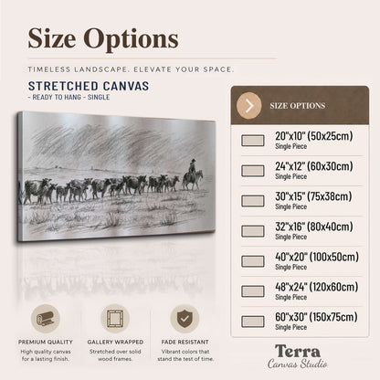 A rider on horseback guiding a herd of cattle across an open plain in charcoal-style strokes single canvas wall art available dimensions