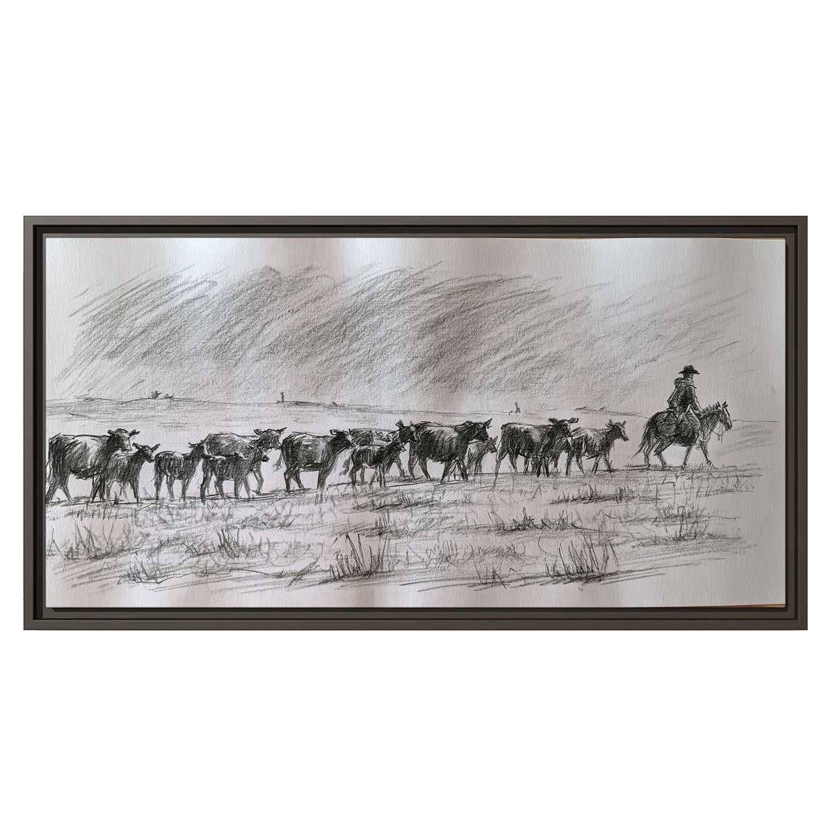 A rider on horseback guiding a herd of cattle across an open plain in charcoal-style strokes single framed canvas wall art viewed straight on