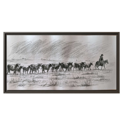 A rider on horseback guiding a herd of cattle across an open plain in charcoal-style strokes single framed canvas wall art viewed straight on