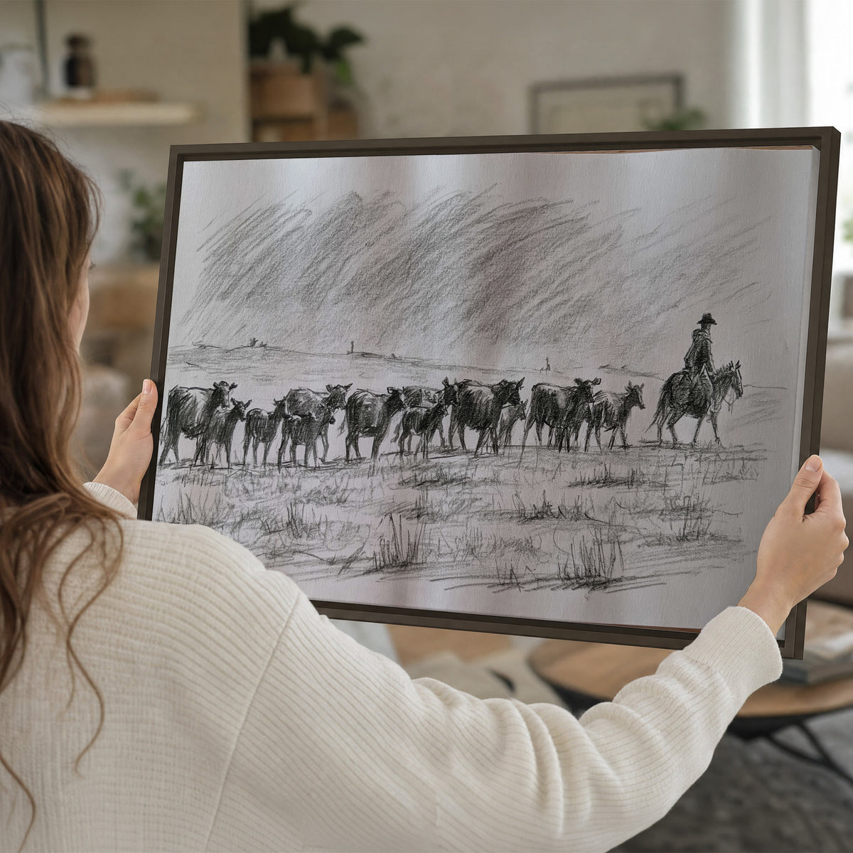 A rider on horseback guiding a herd of cattle across an open plain in charcoal-style strokes single framed canvas wall art held in hands