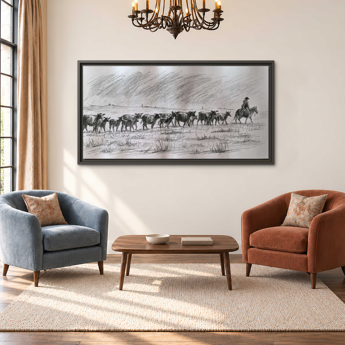 A rider on horseback guiding a herd of cattle across an open plain in charcoal-style strokes single framed canvas wall art styled in an interior