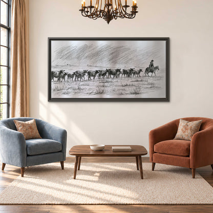A rider on horseback guiding a herd of cattle across an open plain in charcoal-style strokes single framed canvas wall art styled in an interior