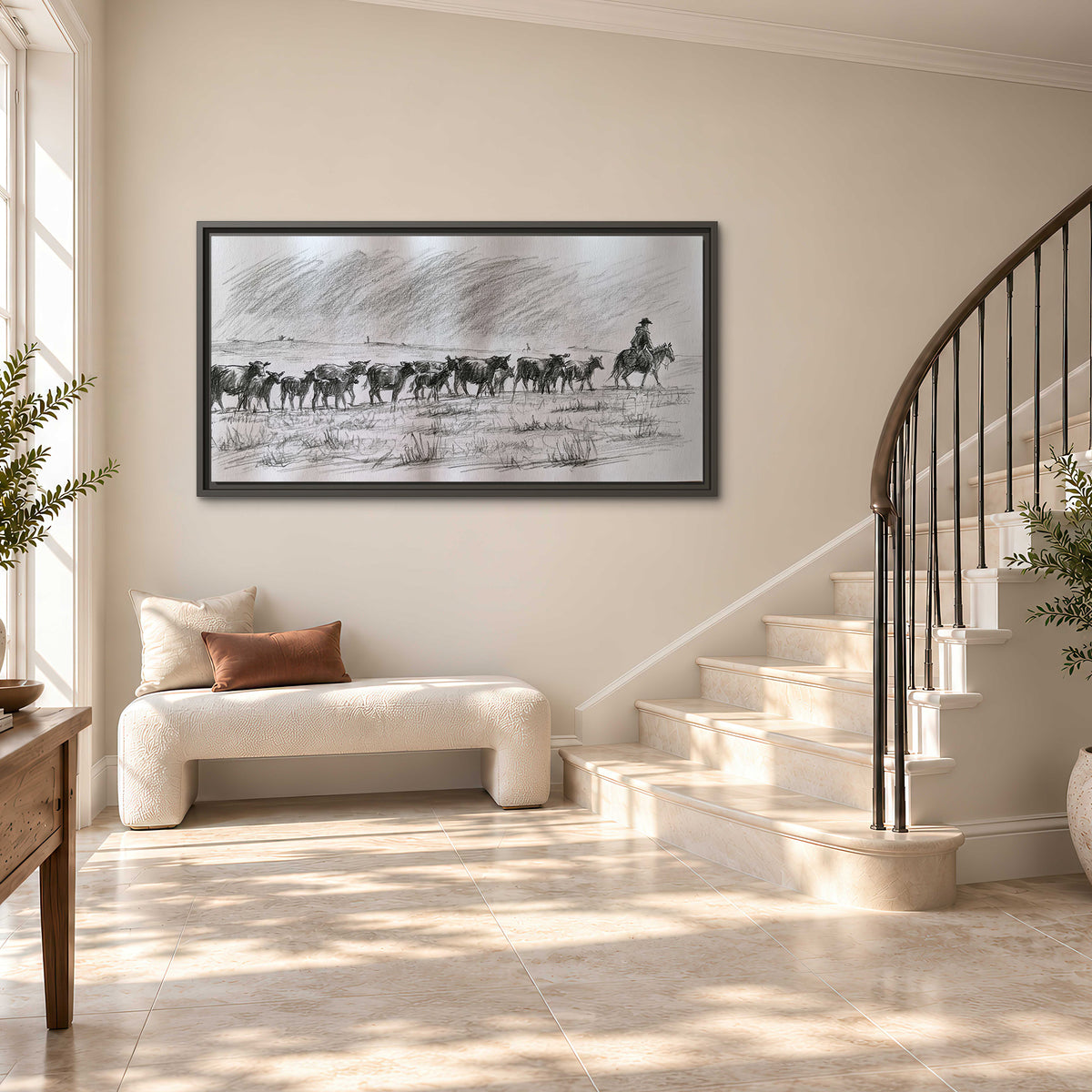 A rider on horseback guiding a herd of cattle across an open plain in charcoal-style strokes single framed canvas wall art styled in an interior