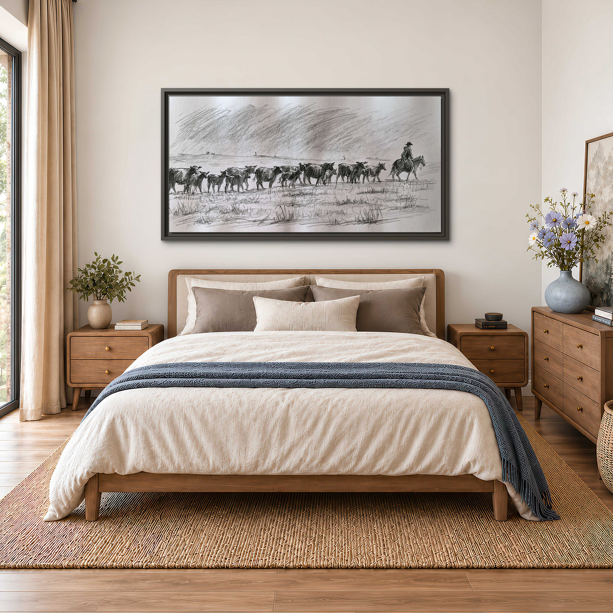 A rider on horseback guiding a herd of cattle across an open plain in charcoal-style strokes single framed canvas wall art styled in an interior