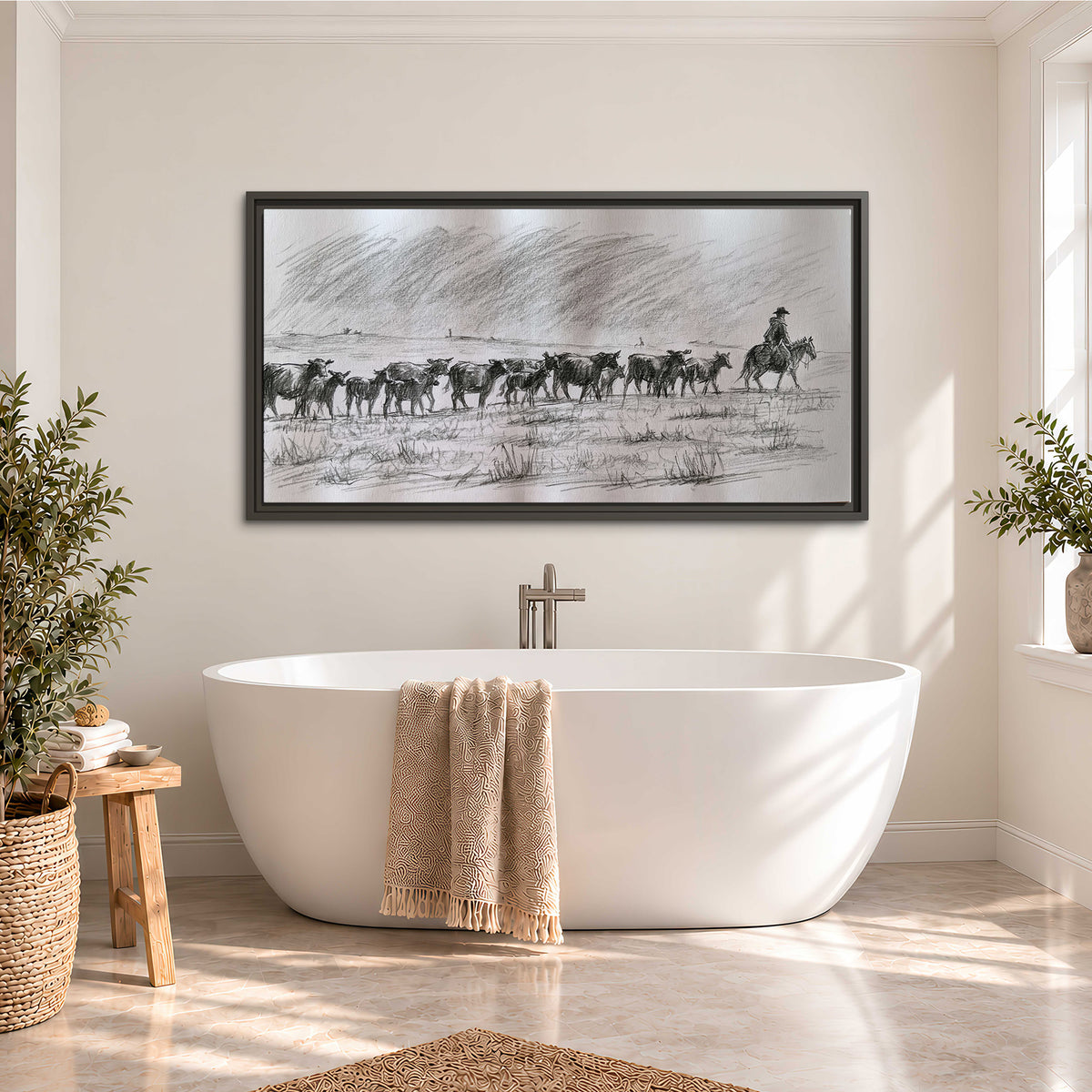 A rider on horseback guiding a herd of cattle across an open plain in charcoal-style strokes single framed canvas wall art styled in an interior