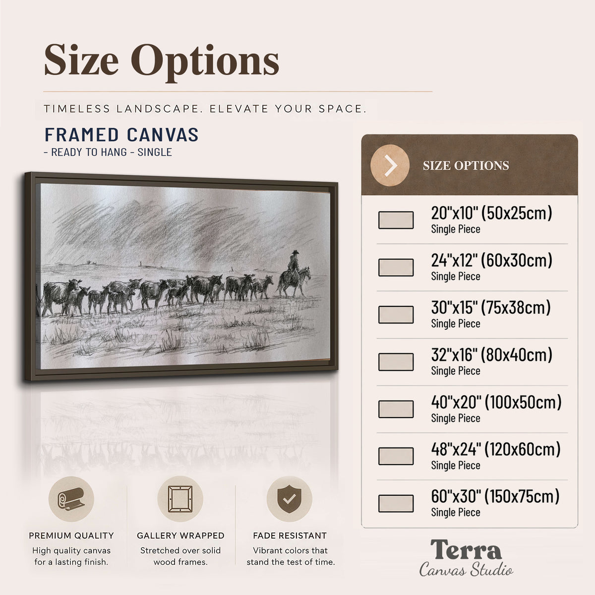 A rider on horseback guiding a herd of cattle across an open plain in charcoal-style strokes single framed canvas wall art available dimensions