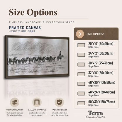A rider on horseback guiding a herd of cattle across an open plain in charcoal-style strokes single framed canvas wall art available dimensions