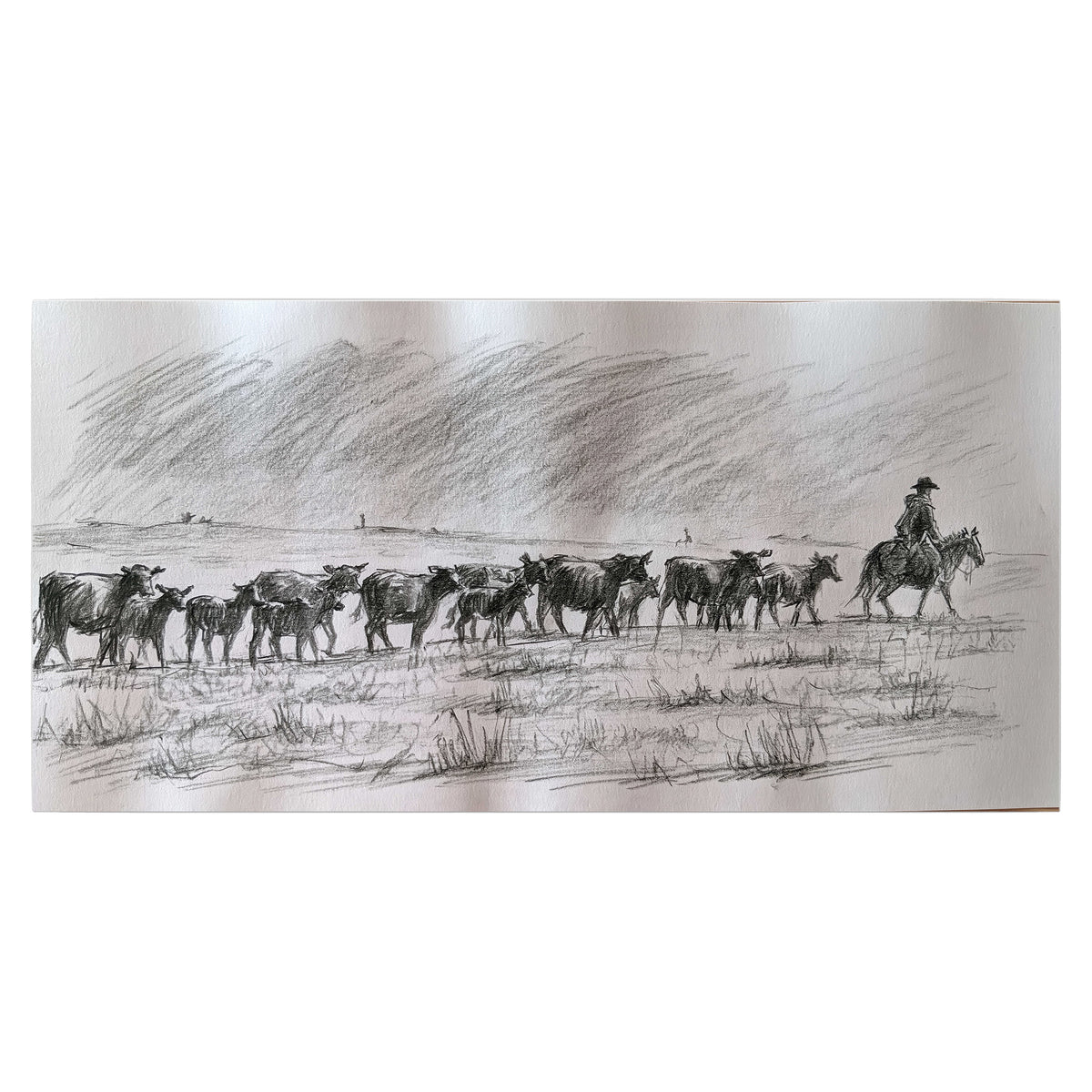A rider on horseback guiding a herd of cattle across an open plain in charcoal-style strokes single poster print viewed straight on