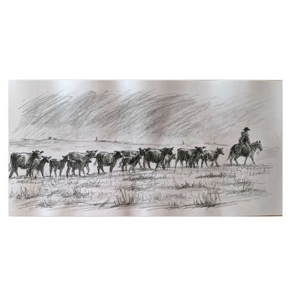 A rider on horseback guiding a herd of cattle across an open plain in charcoal-style strokes single poster print viewed straight on