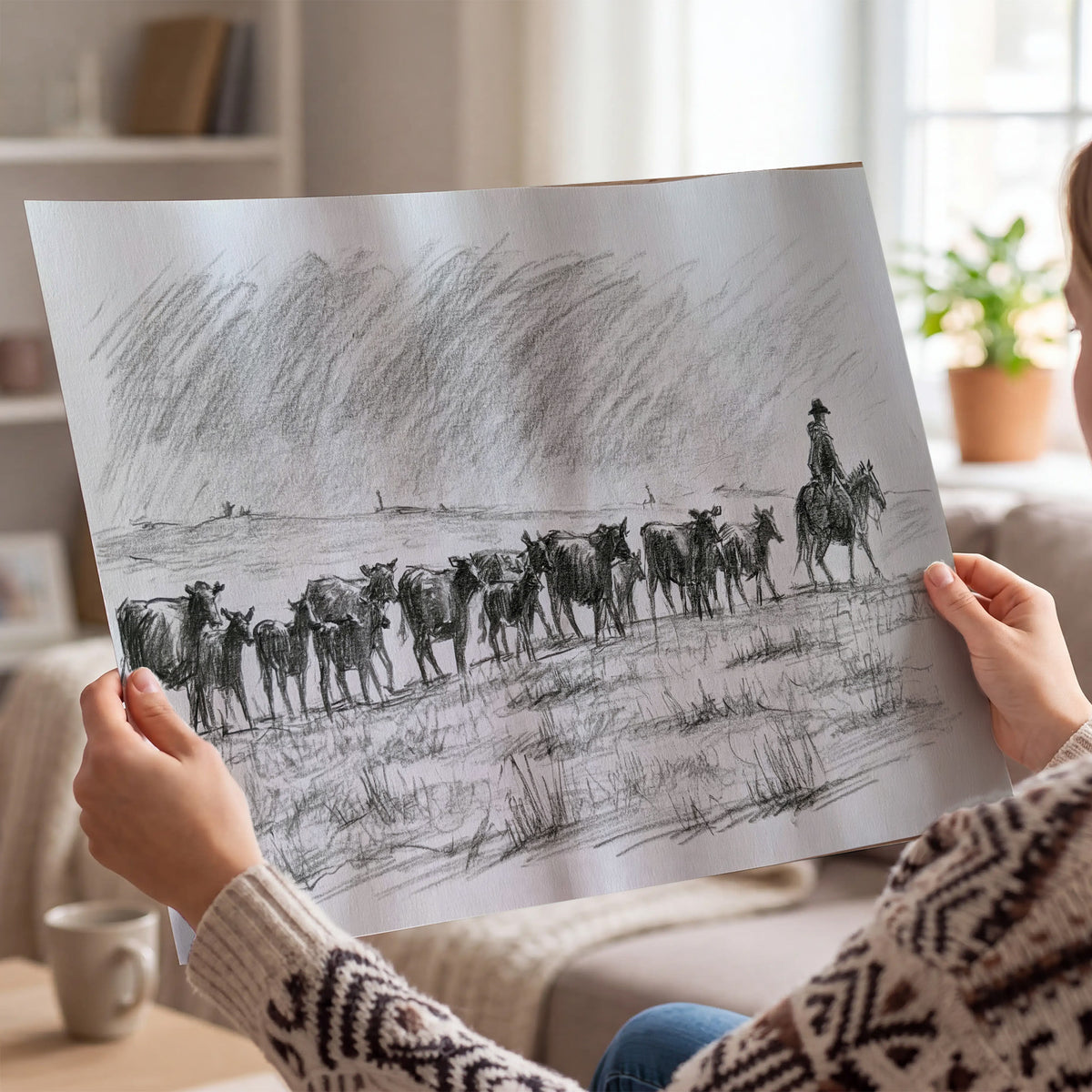 A rider on horseback guiding a herd of cattle across an open plain in charcoal-style strokes single poster print held in hands