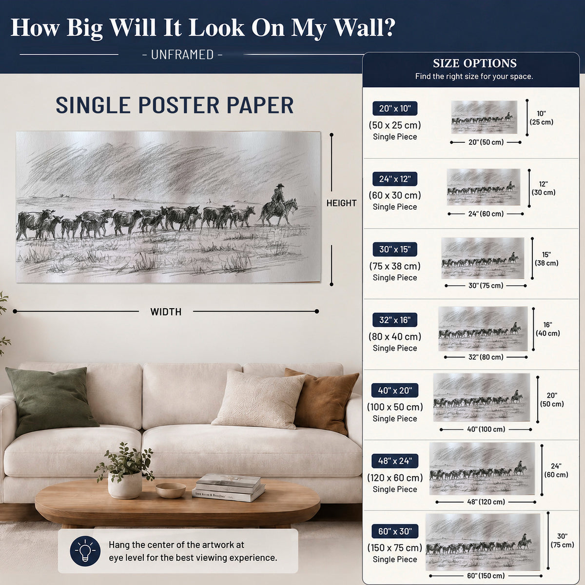 A rider on horseback guiding a herd of cattle across an open plain in charcoal-style strokes single poster print size guide above a sofa; room view is illustrative