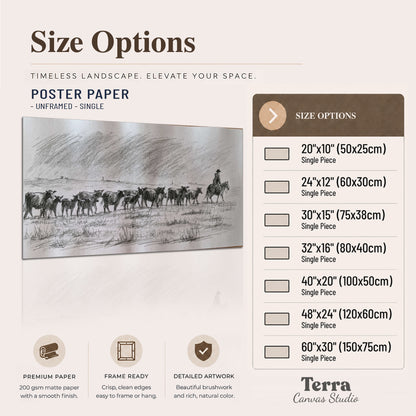A rider on horseback guiding a herd of cattle across an open plain in charcoal-style strokes single poster print available dimensions