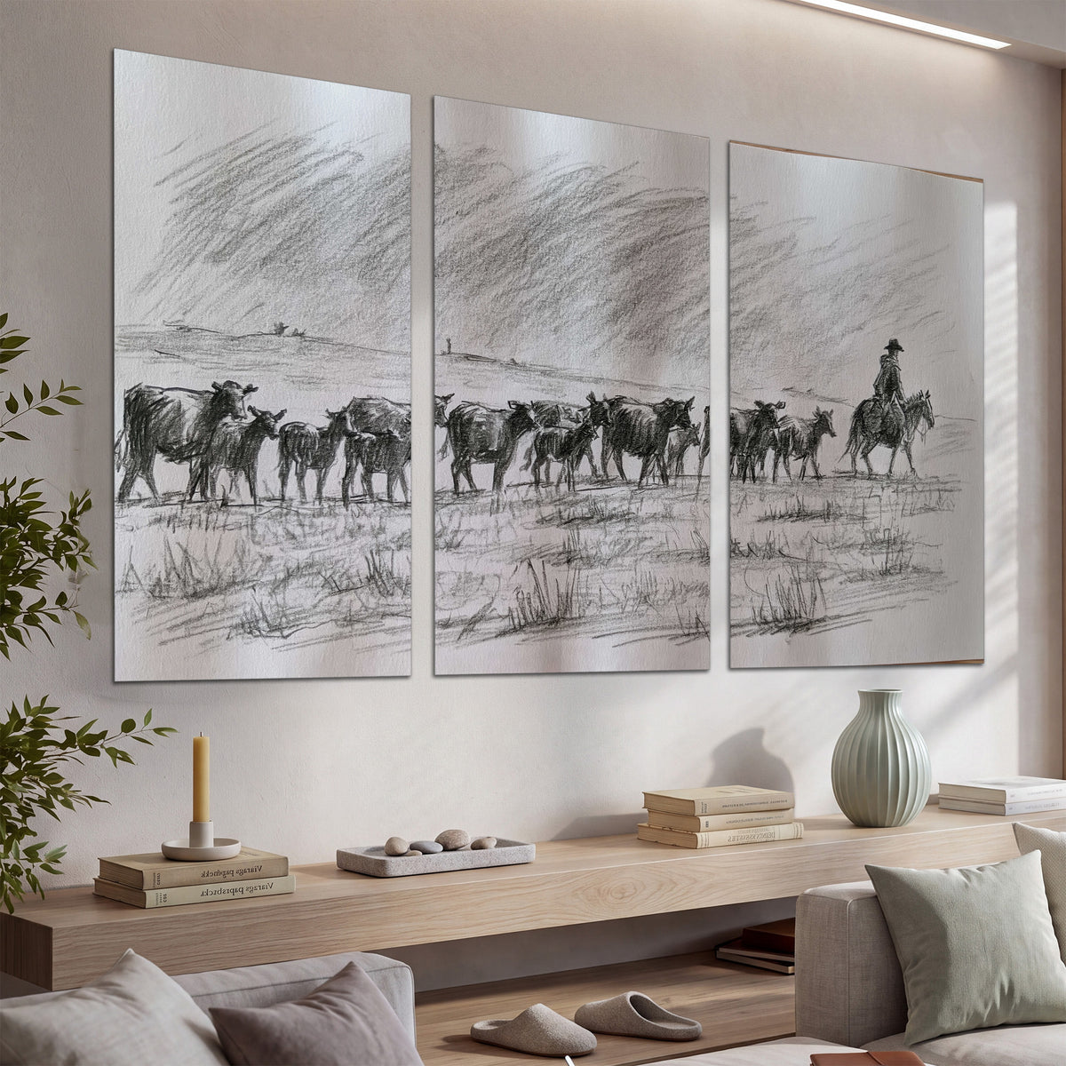 A rider on horseback guiding a herd of cattle across an open plain in charcoal-style strokes set of 3 poster prints displayed in a console
