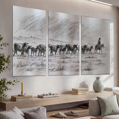 A rider on horseback guiding a herd of cattle across an open plain in charcoal-style strokes set of 3 poster prints displayed in a console