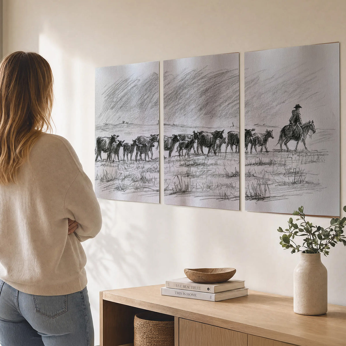 A rider on horseback guiding a herd of cattle across an open plain in charcoal-style strokes set of 3 poster prints three panel arrangement on a wall