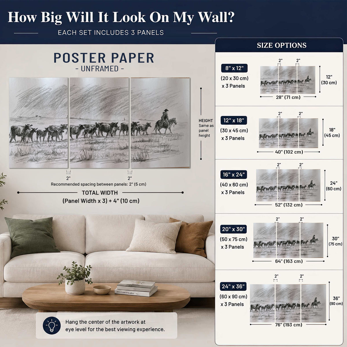 A rider on horseback guiding a herd of cattle across an open plain in charcoal-style strokes set of 3 poster prints size guide above a sofa; room view is illustrative