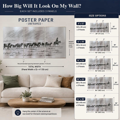 A rider on horseback guiding a herd of cattle across an open plain in charcoal-style strokes set of 3 poster prints size guide above a sofa; room view is illustrative