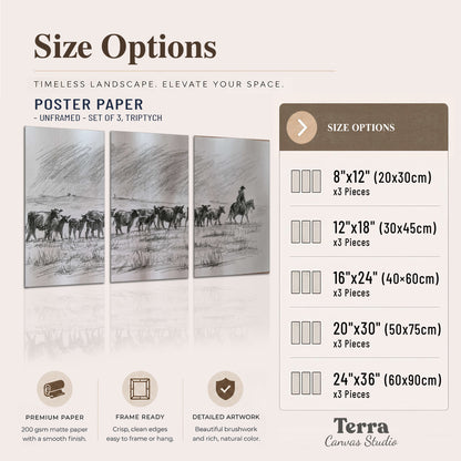 A rider on horseback guiding a herd of cattle across an open plain in charcoal-style strokes set of 3 poster prints available dimensions; triptych dimensions are per panel